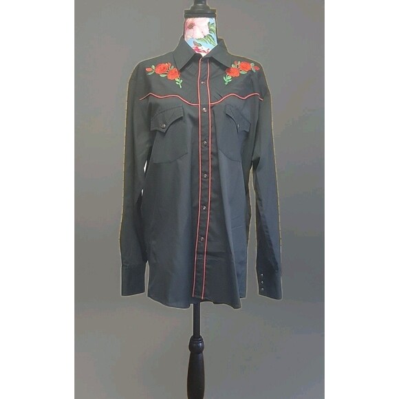 Mans Long Sleeve Western Shirt/ Snaps/Red Roses Vintage Size L Worn By Musician - Picture 1 of 10